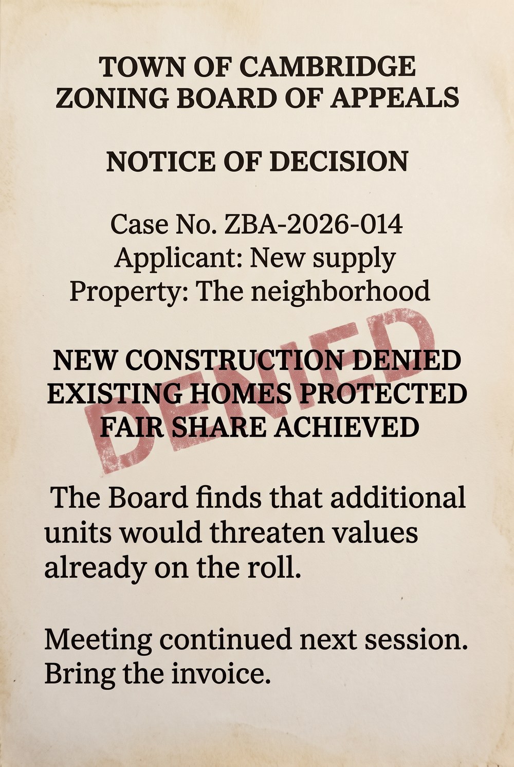 Town of Cambridge Zoning Board of Appeals, Notice of Decision, denied.