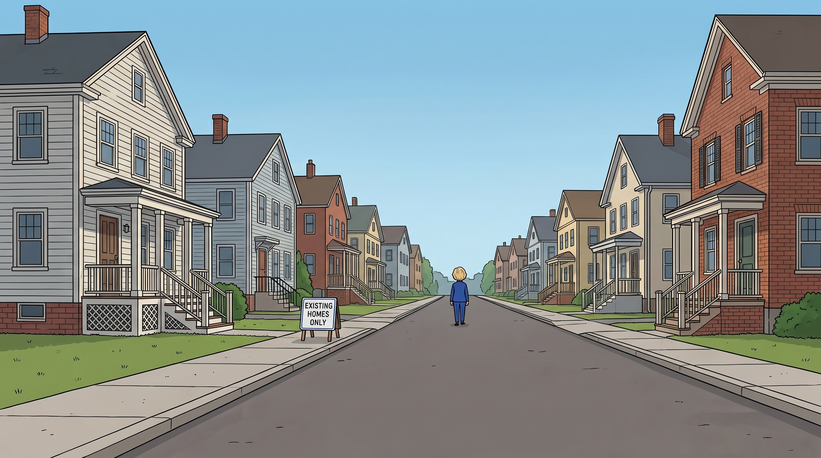 A Cambridge street of houses that already exist. No crane, no construction, no new supply.